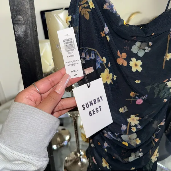 Aritzia Sunday Best XXS Caruso Black Floral Mesh Midi Dress Ruched Bodycon New - Image 7