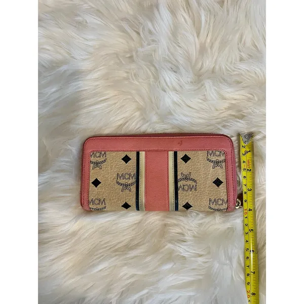 MCM Visetos Studded Continental Wallet Authentic Pink & Ivory Leather 8"x4" EUC - Image 11