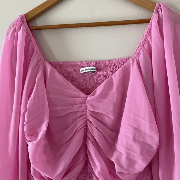 Abercrombie & Fitch Long Sleeve Blouse Cinched Front Tie Sheer Sleeves Pink XL - Image 2