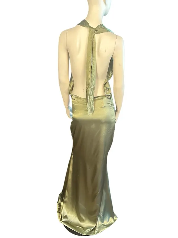 Inewer Backless Halter Puddling Floor Length Satin Gown Olive Green Size 8 NWT - Image 4