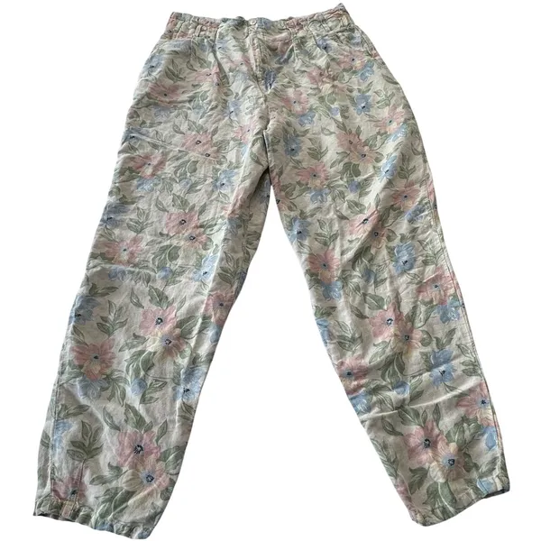 Vintage 90s Pastel Floral Linen Pants TARAZZIA Size Large Cottage Coastal Boho - Image 8
