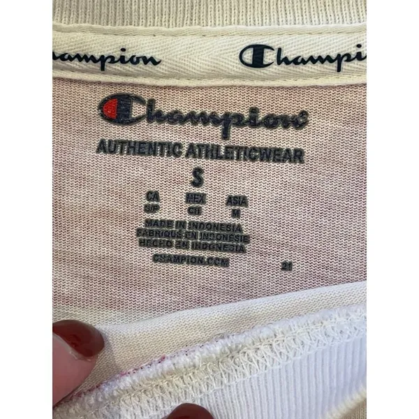 Champion Pink And‎ White Striped Crew Neck Pullover Cropped Sweatshirt Size S - Image 7