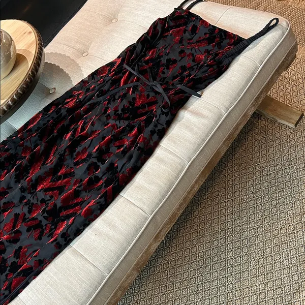 Silk Road 100% Silk Maroon Velvet Black Sheer Floral Double Layered Maxi Dress - Image 12