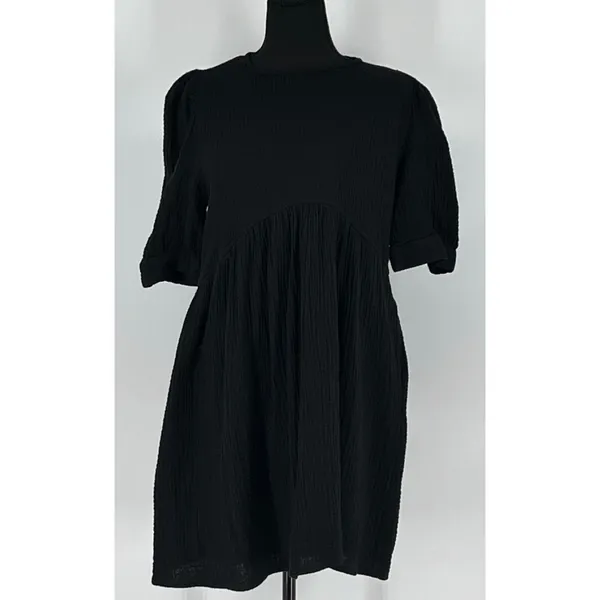 &merci Babydoll Dress Women Large Black Textured Gauze Puff Sleeve Crinkled Chic - Image 12