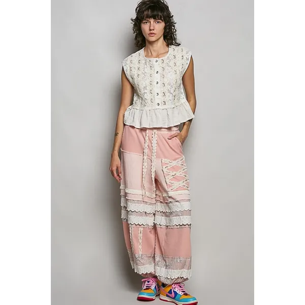 POL Round Neck‎ Lace Sleeveless Top with Double Gauze Ruffle - Small - Image 5