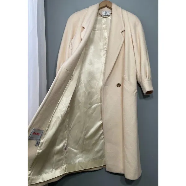 Worumbo Size 8 Ivory Wool Trench Pea Coat Double Breasted Union Made Old Money - Image 5