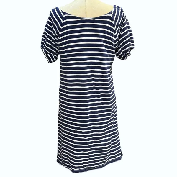 LOFT M Blue Striped Puff Sleeve Shift Knit‎ Dress Mini Nautical Coastal Preppy - Image 6