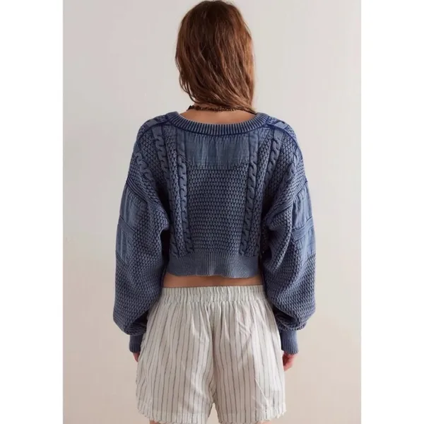 Free People Patchwork Chunky Cable Knit Heritage Cardi Cardigan Sweater Medium - Image 4