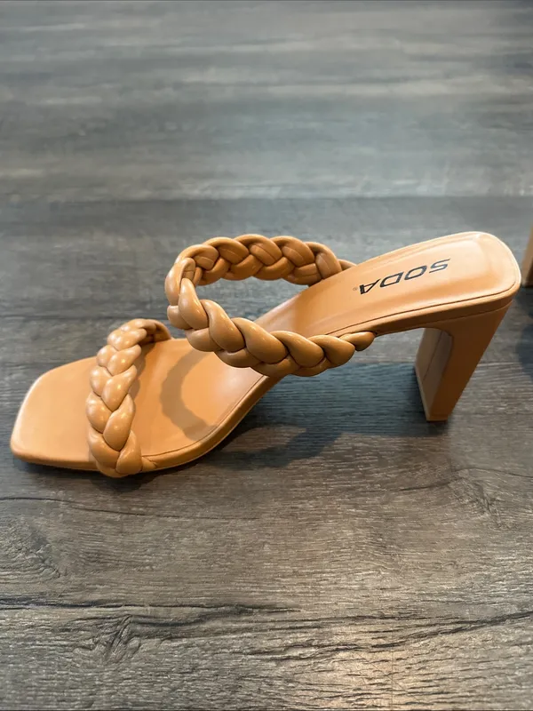 SODA 11 Neutral Camel/Tan Braided Double-Strap Square Toe‎ Heels - Image 3