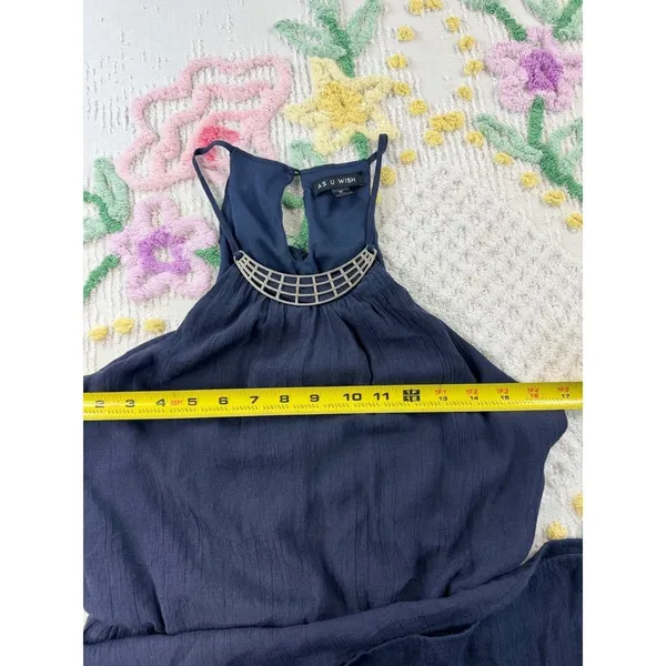 As‎ U Wish Navy Blue Halter Dress Silver Neck Detail Elastic Waist Size M - Image 5