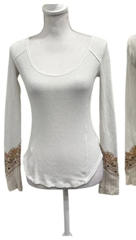We the Free White Scoop Neck Waffle Knit Thermal Bandana Crochet Cuff Sz XS Boho - Image 2