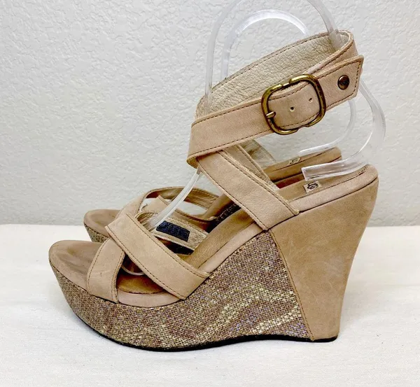UGG Arian Snake Platform Wedge Ankle Wrap Tan Leather Sandals Womens Size 7.5 - Image 2