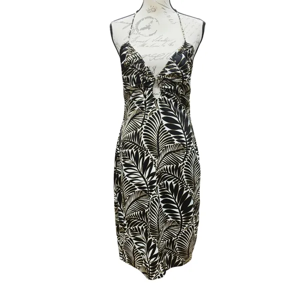 Christian Lacroix Black White Palm Leaf Halter Midi Dress Keyhole Size Small - Image 2