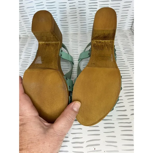 Sundance‎ Denira Mint Green Leather Wood Clog Sandals Made in Italy EU 37 Boho - Image 6