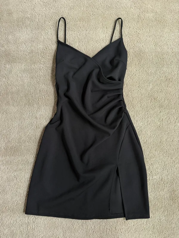 Windsor Black Ruched Mini Dress – Small - Image 2