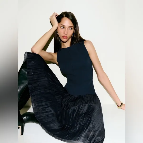 NWOT Reformation Cyra dropped waist pleated skirt dress midnight navy blue sz 0 - Image 5
