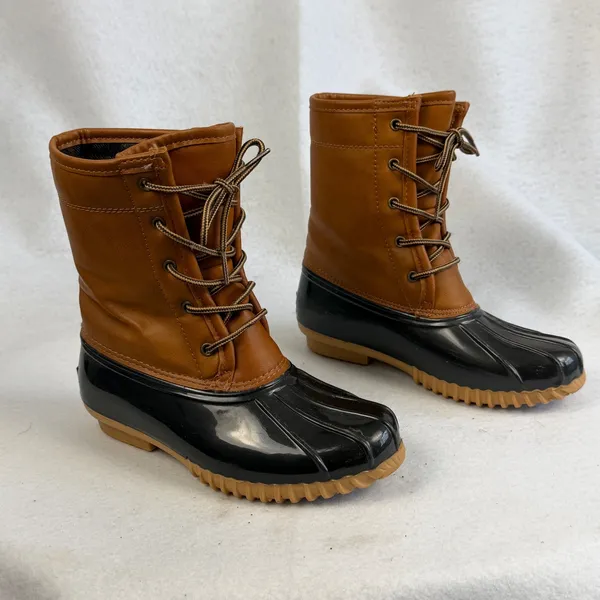 Sporto Arianna Duck Rain Boots Tan Brown Black‎ Rubber Lace Up Womens 6 Western Retro - Image 4
