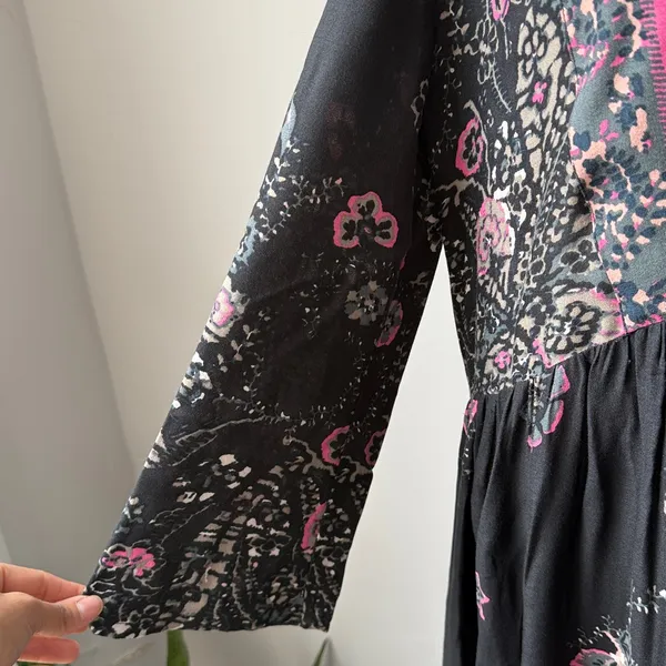 Free People Maxi Dress Size Large Black and Pink Long Sleeve Boho - Image 5