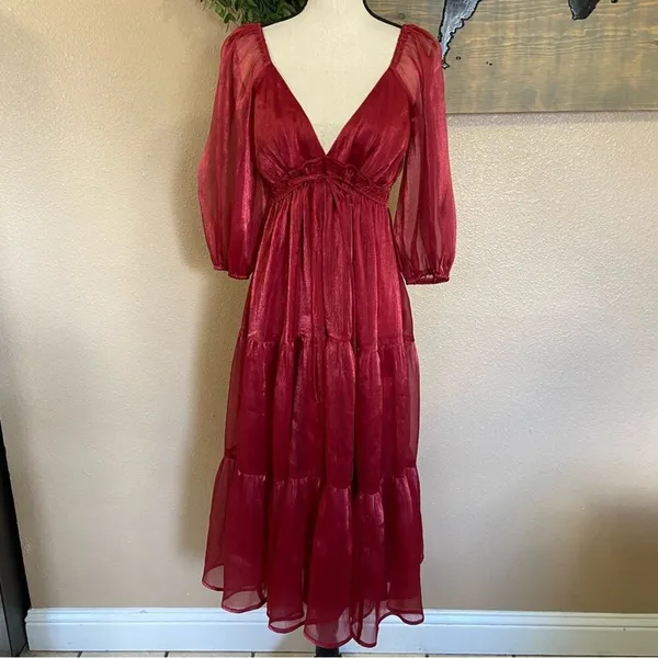NWOT Lulus Romantic Appearance Wine Red Organza Tiered Midi Dress - Image 3