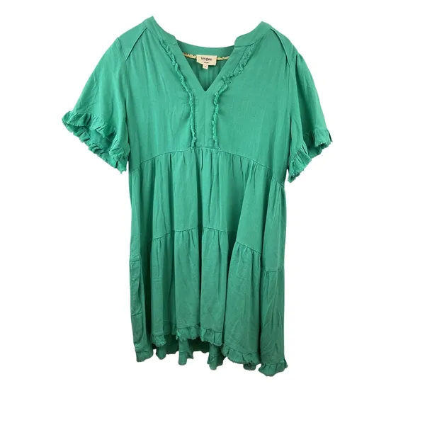 Umgee Green Tiered Frayed Hem V‎ Neck Short Sleeve Casual Dress Size Medium - Image 6