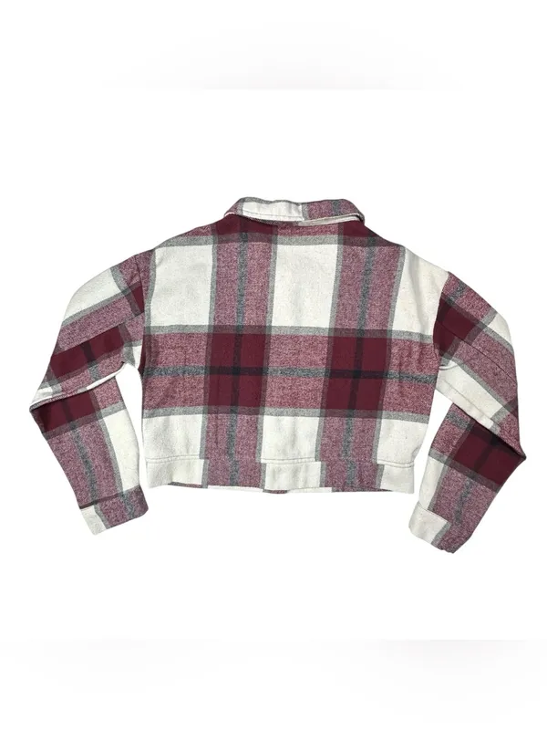 Women’s Cropped Plaid Shacket Jacket Burgundy Cream Size M Button Front - Image 3