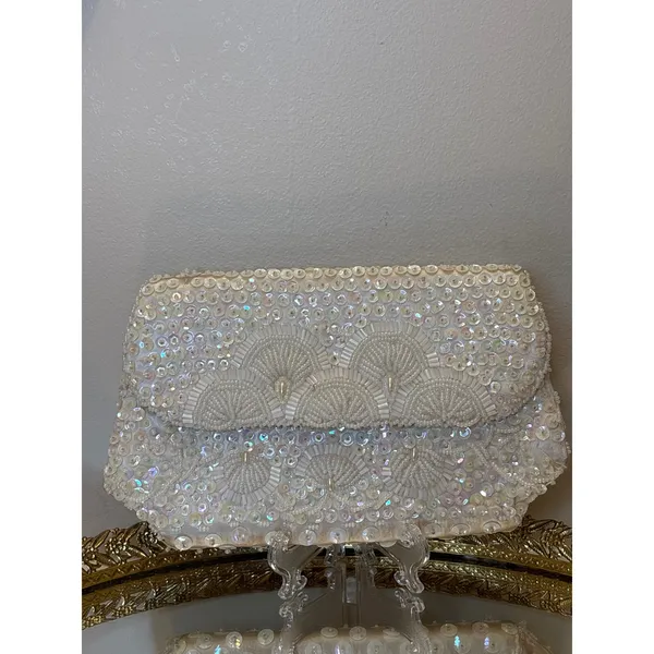 Glamorous White Beaded Sequin Clutch Evening Bag Formal Purse Fine Arts Bag - Image 2