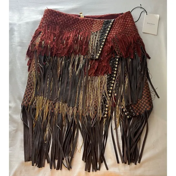 Balmain F17 Runway Skirt Brown Tribal Lamb Leather Fringe Brass Kendall Jenner - Image 6