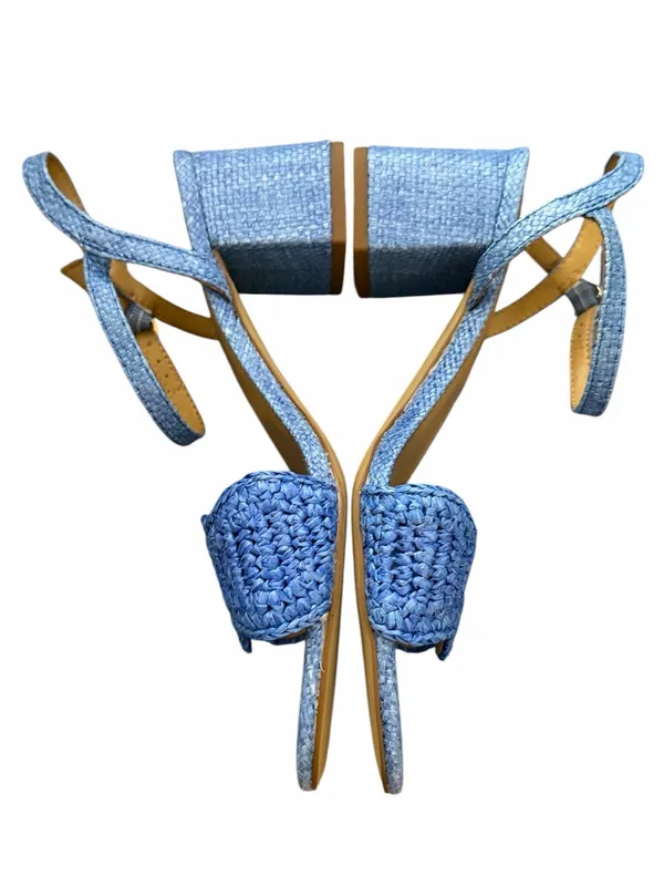 NWOB J.CREW FACTORY Woven Raffia Heeled Sandals Blue 6.5 - Image 3