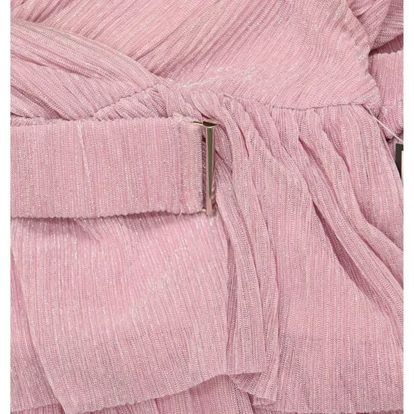 NWT B. Darlin Metallic V-Neck Belted Ruffled Tiered Sheer Sleeved Dress Pink 5/6 - Image 9