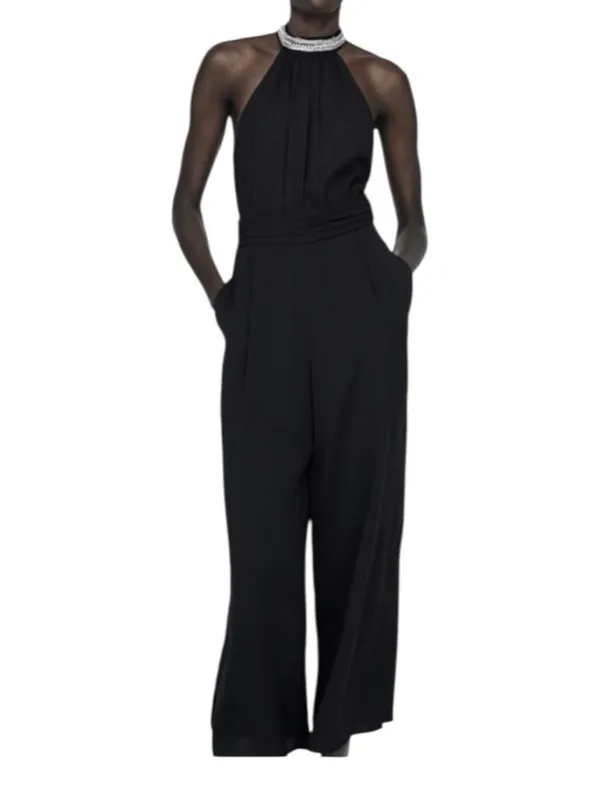 Zara Black Halter Neck Jumpsuit with Silver Embellishment Size L NWT - Image 3