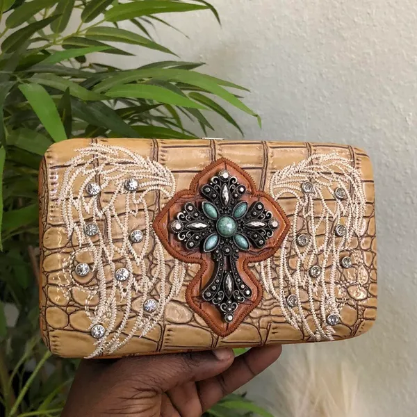Western Boho Hippie Indie Tan cream western large beaded clutch bag purse wallet rhinestones angel wings dedazzled embellished silver tone Measurements in pics - Image 2