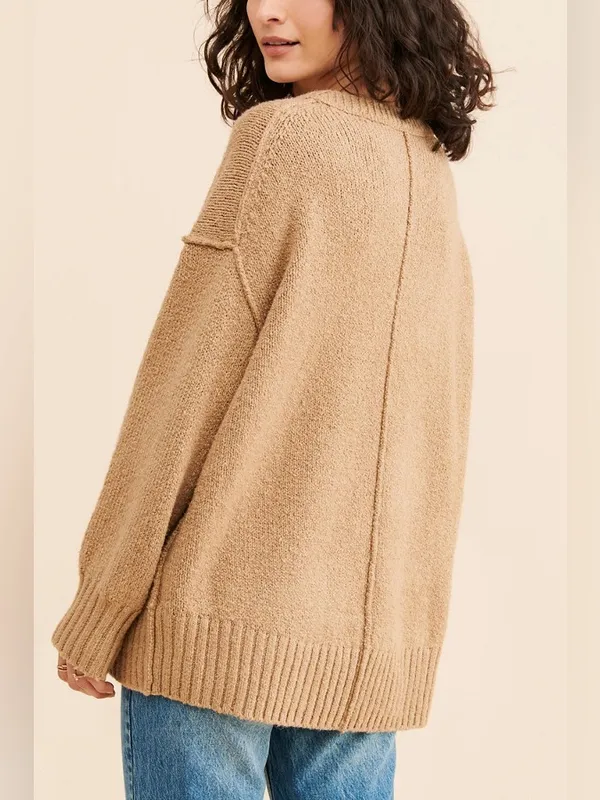 Free People‎ sweater Brookeside tunic Oversized V-Neck Chunky Knit Boho Slouch - Image 2