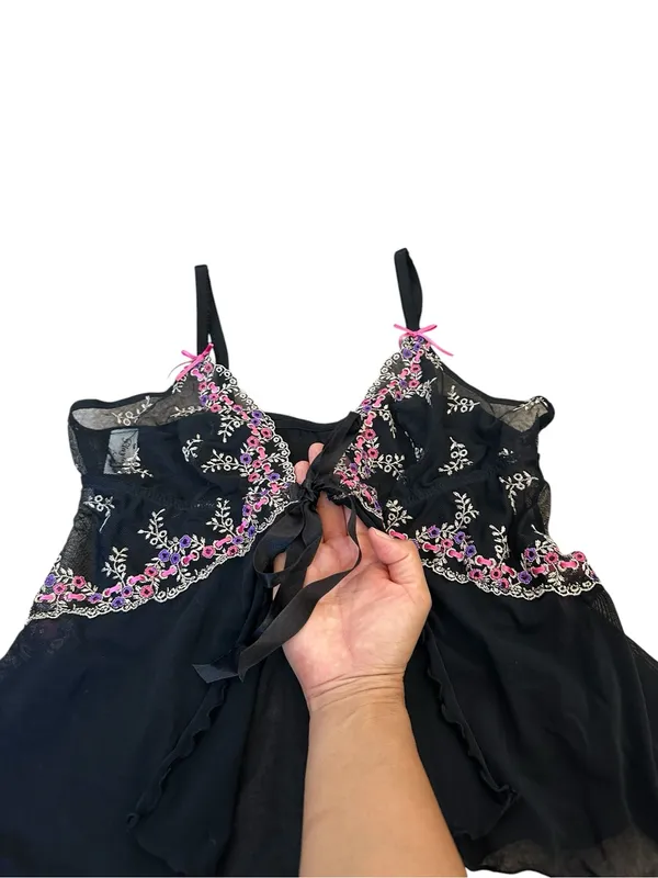 Y2K Playboy Lingerie Tie Front Sheer Mesh Cami Top Embroidered Floral Coquette - Image 3