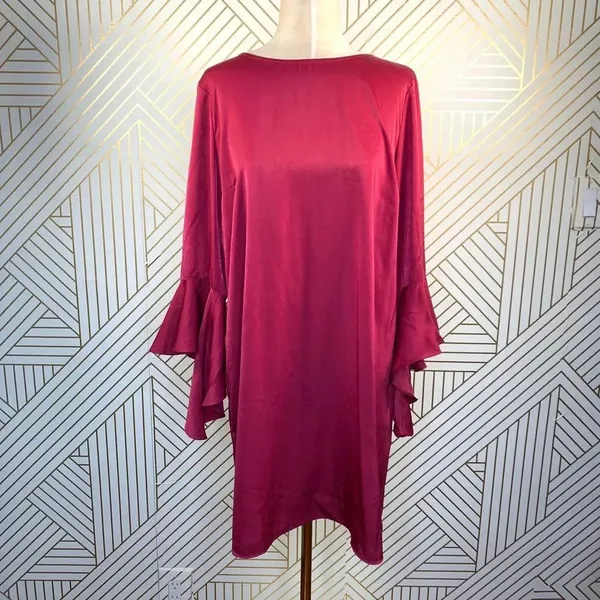 Bar III Bell Sleeve Ruffled Shift Dress‎ in Berry - Image 3