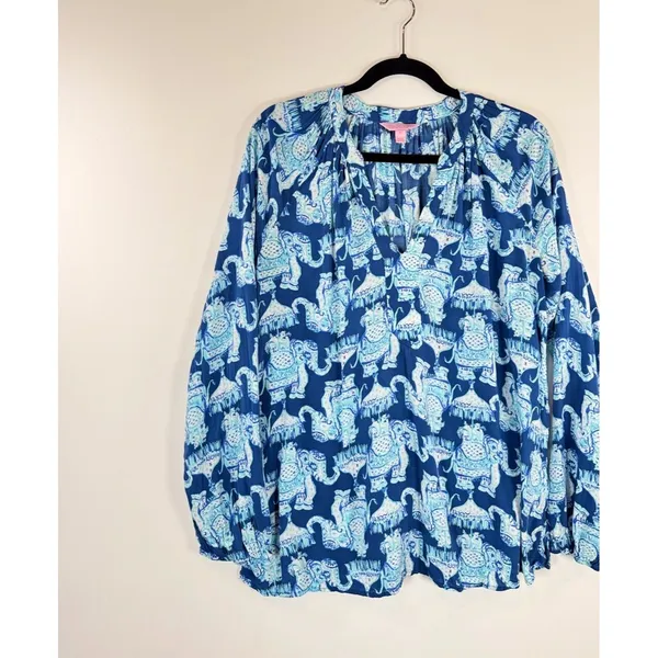 Lilly Pulitzer Womens Top Blue Martinique Elephant V Neck Blouse Casual Medium - Image 5