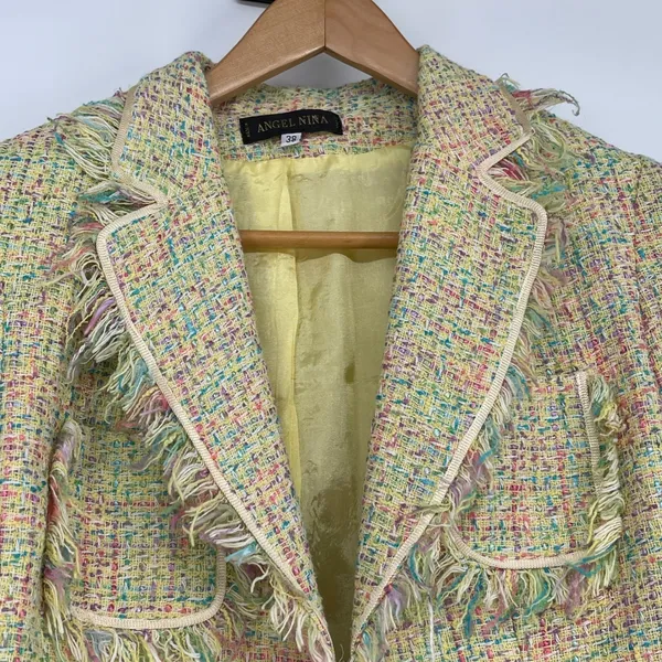 Angel Nina Tweed‎ Jacket Blazer Fringe Multi Color Yellow Size M Career Church - Image 3