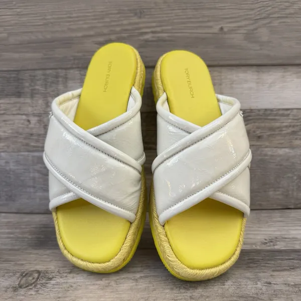 Tory Burch Crisscross Espadrille Slide Sandal White Patent Yellow Sz 7 - Image 3