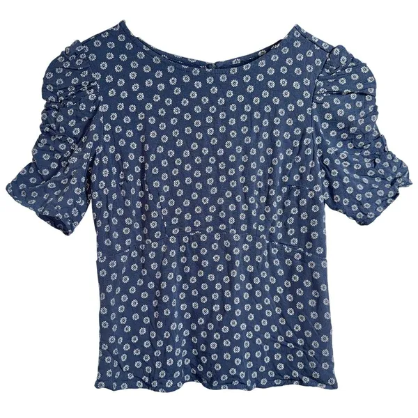 Abercrombie & Fitch Blue White Floral Smocked Puff Sleeve Blouse Top Size Small - Image 2