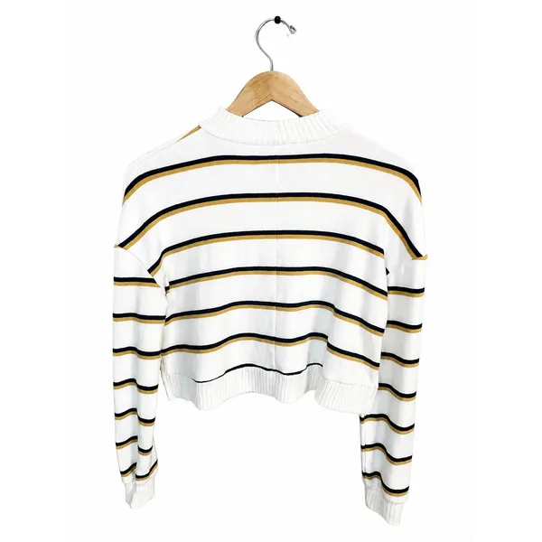 SO Women White Striped Mock Neck Cropped Knit Sweater Navy Mustard XS - Image 3