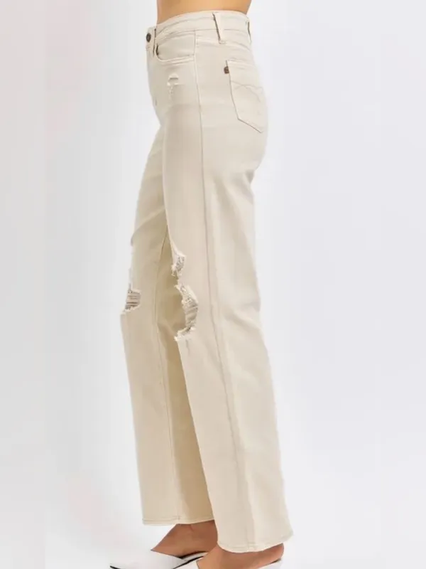Judy Blue‎ High-Rise Distressed Wide-Leg Jeans in Cream Sz 15/32 - Image 2