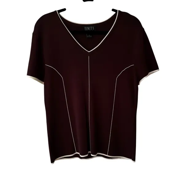 FINITY Women's Brown Knit V-Neck Short Sleeve‎ Top Size L Contrasting Trim - Image 2