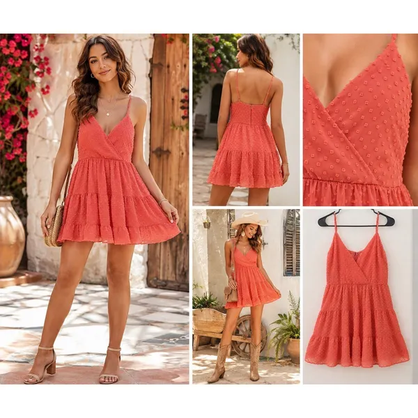 Francesca's Trixxi Womens Coral Swiss Dot Tired Mini Dress Spaghetti straps Sz M - Image 2