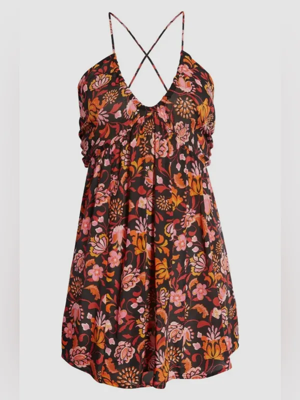 New Free People Women's Black Pixie Cross Back Floral Print Tunic Top Size large - Image 3