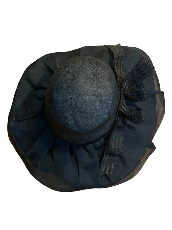 Vintage Adolfo Ii Black Wide Brim Linen Hat With Striped Bow - Image 4