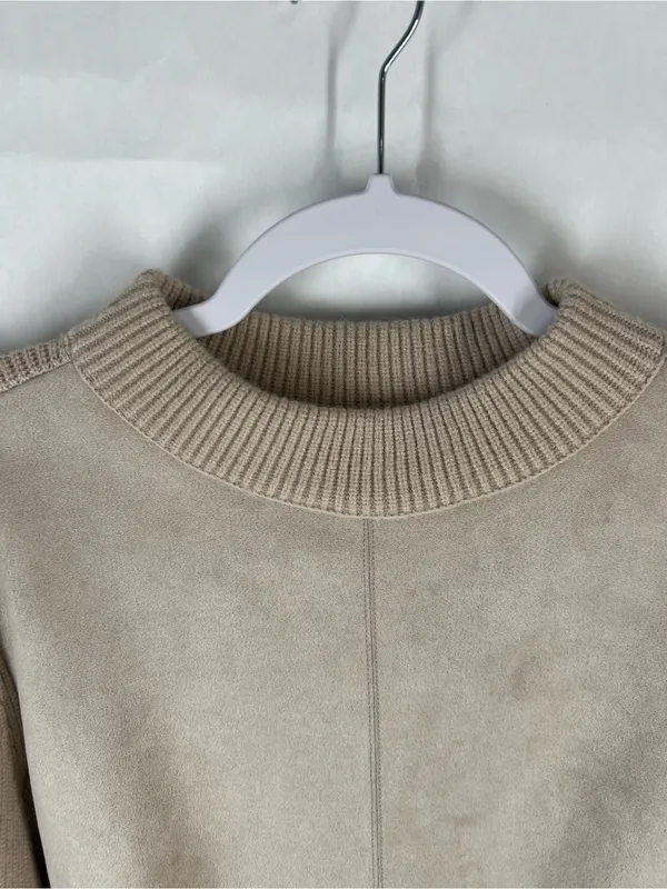 Ann‎ Taylor Mixed Media Faux Suede Knit Sweater Beige Mock Neck Size M - Image 3