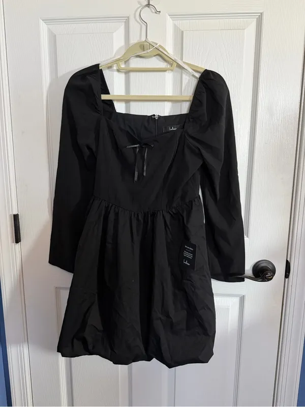 Lulus Darling Picture Black Bow Bubble Hem Black Mini Dress Small NWT - Image 5