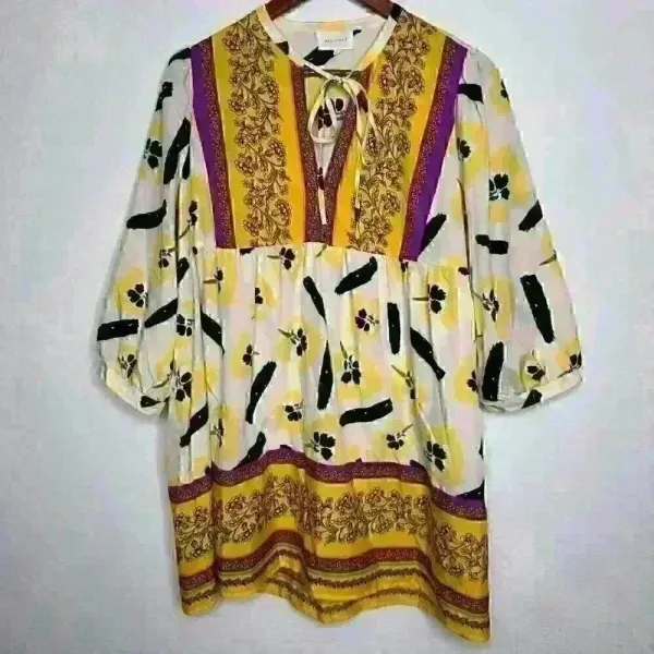 Melloday Boho Colorful Floral Tunic with tie neck Sz‎ L - Image 3