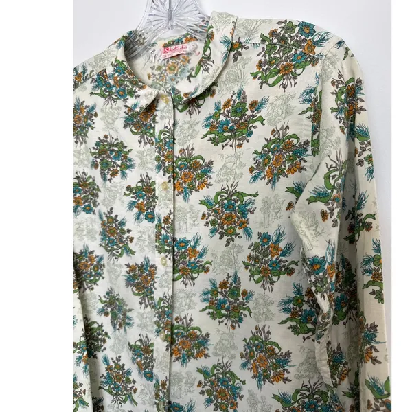 Vintage 60's Shirtmaker green Floral Cotton Blouse Peter Pan Collar USA Small - Image 8