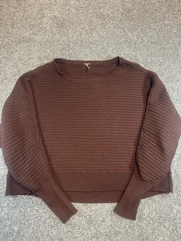 Free People Women’s Large Brown Ribbed Knit Sweater Dolman Balloon Sleeve Boho - Image 3