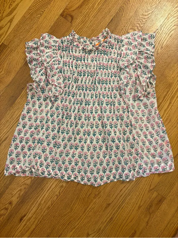 Oliphant Floral Smocked Ruffle Blouse Pink Teal Cottagecore Boho Top | S - Image 4